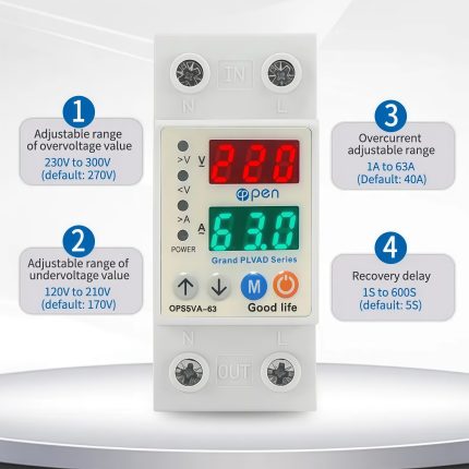 অ্যাডজাস্টেবল ওভার আন্ডার ভোল্টেজ কারেন্ট প্রোটেক্টর 63A - জেনুইন ওপেন ব্র্যান্ড ডিজিটাল সার্কিট ব্রেকার